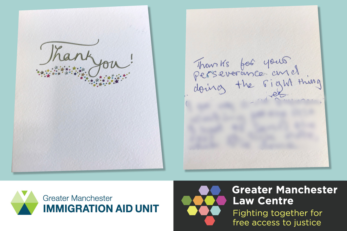 Windrush victim thank you card